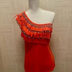Boston Proper Orange One-Shoulder Fringe Top